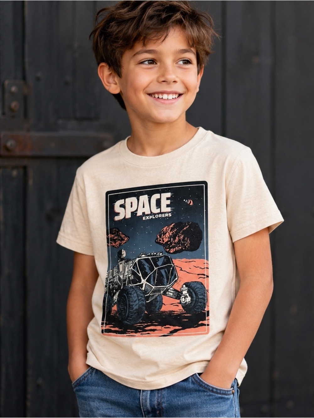 Carter’s Space Explorers Graphic Tee Boys Size 8 Beige Cotton Short Sleeve